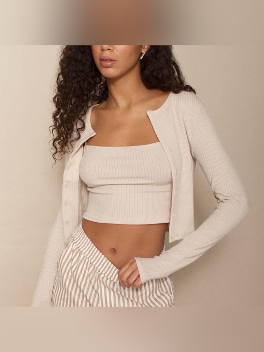 Reformation Ruby Cardigan Ribbed Set- Cream